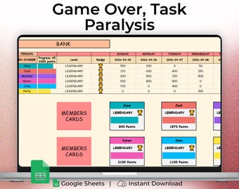 Gamified Cleaning Tracker ADHD Dopamine Chore Chart Google Sheets Level Up Housework Points System Plan Fun Task Manager for Neurodivergent