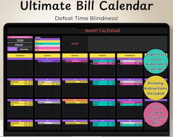 Smart Bill Calendar Spreadsheet Monthly Bill Tracker Payment Schedule Google Sheets Dark Mode Planner Dashboard Week Bill Organizer Template