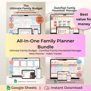 May include: An All-In-One Family Planner Bundle graphic with the text "The Ultimate Family Budget" and "Gamified Family Household Manager." The image includes a tablet, phone, and computer mockups. The text "Best value for money" is in a pink circle.