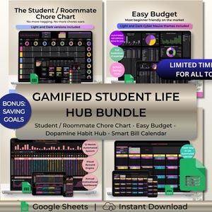 Könnte beinhalten: Ein digitales Paket mit dem Titel Gamified Student Life Hub Bundle, das einen Aufgabenplan für Studenten und Mitbewohner, ein Budget-Tool, einen Gewohnheits-Tracker und einen Rechnungs-Kalender mit dunklen Dashboards enthält.