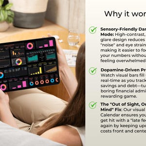 Op de afbeelding: Een tablet met een financieel dashboard met kleurrijke grafieken op een donkere achtergrond. De tekst aan de rechterkant luidt: Why it works, Sensory-Friendly Dark Mode, Dopamine-Driven Progress en The Out of Sight, Out of Mind Fix.