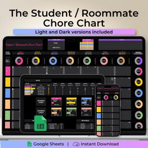 May include: A digital chore chart template for students and roommates displayed on a laptop, tablet, and smartphone. The interface features a dark theme with colourful progress rings, task lists, and member tracking sections labelled with text.