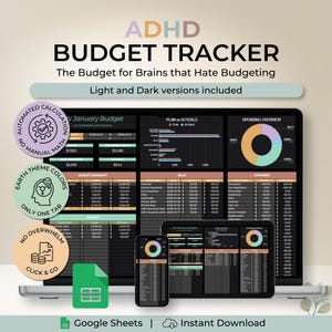 May include: A digital ADHD budget tracker displayed on a laptop, tablet, and phone. The interface features charts and tables with the text "ADHD BUDGET TRACKER" and "The Budget for Brains that Hate Budgeting." Includes "Automated Calculation" and "Earth Theme Colors" labels.