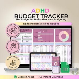 Puede incluir: Un rastreador de presupuesto digital para cerebros con TDAH, que se muestra en una computadora portátil, tableta y teléfono. La hoja de cálculo presenta cálculos automatizados, imágenes que aumentan la dopamina y un diseño de una sola pestaña. Incluye versiones claras y oscuras.