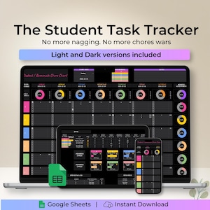May include: A digital student task tracker displayed on a laptop, tablet, and phone. The screens show a chore chart with progress indicators. Text includes "The Student Task Tracker" and "Light and Dark versions included."
