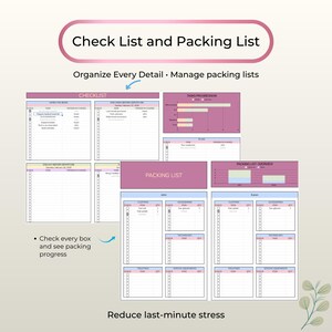 May include: A digital checklist and packing list template with a pink header that reads "Check List and Packing List". The template includes sections for checklists, packing lists, and task progression. The text "Reduce last-minute stress" is at the bottom.