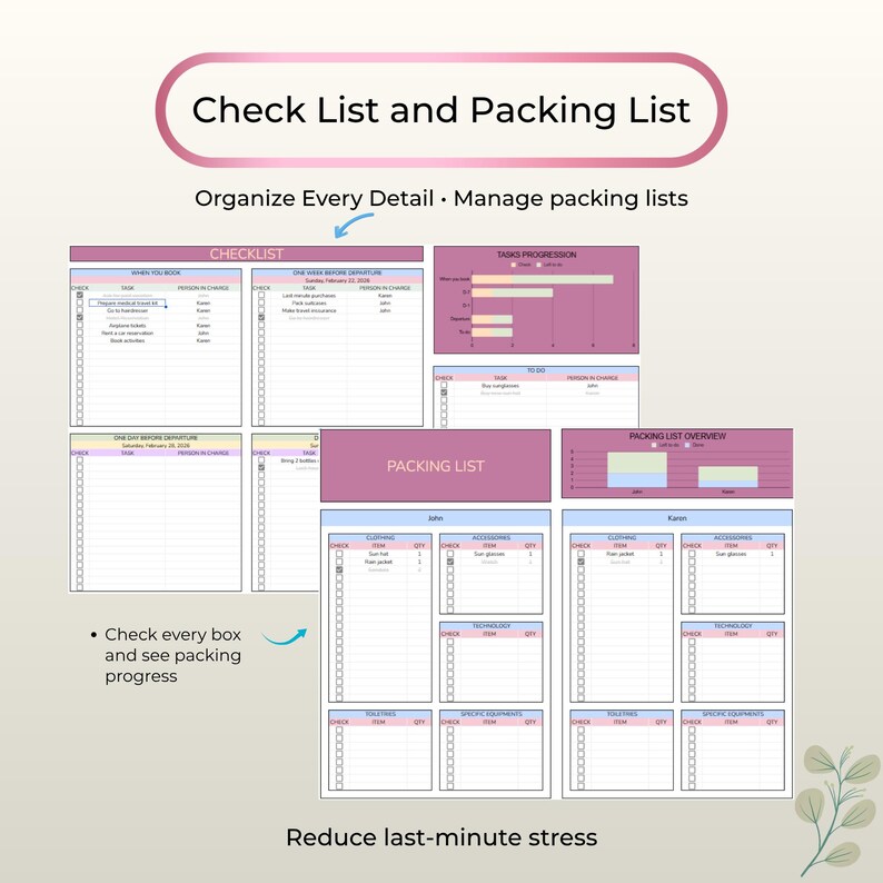 May include: A digital checklist and packing list template with a pink header that reads "Check List and Packing List". The template includes sections for checklists, packing lists, and task progression. The text "Reduce last-minute stress" is at the bottom.