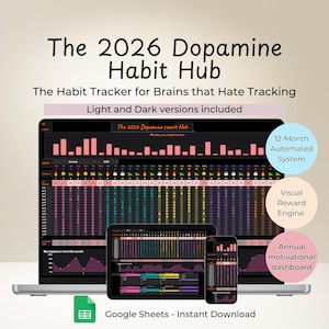 以下が含まれることがあります： ラップトップ、タブレット、スマートフォンには、「The 2026 Dopamine Habit Hub」というテキストが表示された習慣トラッカーインターフェースが表示されます。インターフェースには、12か月間の自動システム、ビジュアルリワードエンジン、年間モチベーションダッシュボードが備わっています。
