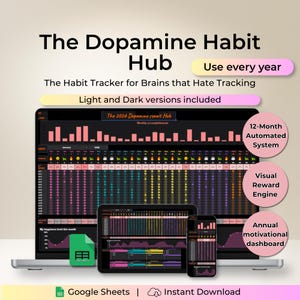 Puede incluir: Un rastreador de hábitos digital que se muestra en una computadora portátil, tableta y teléfono. El rastreador presenta una interfaz oscura con gráficos coloridos. El texto incluye "The Dopamine Habit Hub" y "Use every year."