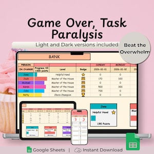 May include: A digital task management template displayed on a laptop, tablet, and smartphone. The design features a pink and beige color scheme with the text "Game Over, Task Paralysis." The template includes a chart with progress tracking and badges.