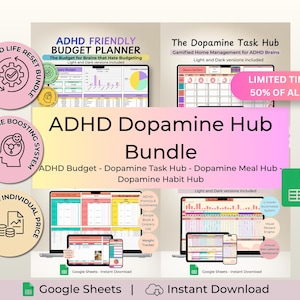 Könnte beinhalten: Grafik für das ADHD Dopamine Hub Bundle, einschließlich ADHD Budget, Task Hub, Meal Hub und Habit Hub. Enthält ein Banner "Zeitlich begrenztes Angebot: 50 % Rabatt auf alle Tools". Enthält Google Sheets und Sofort-Download-Optionen.