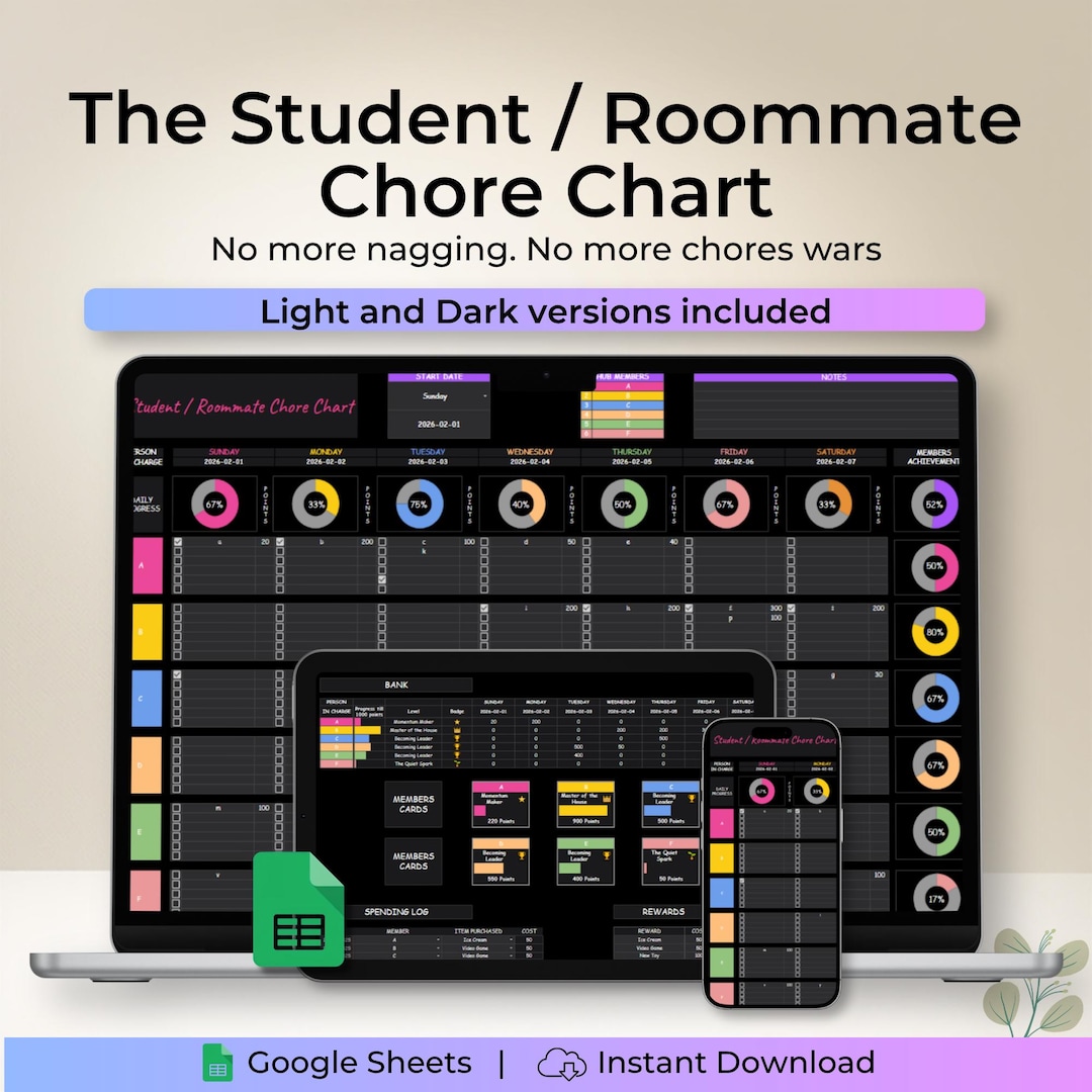 Roommate Chore Chart Google Sheets Template Student Housing Planner ...
