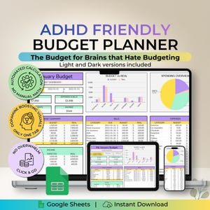 Puede incluir: Un planificador de presupuesto digital para TDAH, que se muestra en una computadora portátil, tableta y teléfono. El planificador presenta gráficos y un panel con el texto "ADHD Friendly Budget Planner". Incluye Google Sheets y descarga instantánea.