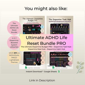 Op de afbeelding: Een digitale productweergave getiteld Ultimate ADHD Life Reset Bundle PRO met vier dashboard-interfaces voor budget, taken, maaltijden en gewoonten. De afbeelding bevat tekstoverlays die een 4-in-1 systeem, lichte en donkere thema's en Google Sheets-compatibiliteit benadrukken.