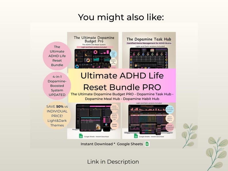 Op de afbeelding: Een digitale productweergave getiteld Ultimate ADHD Life Reset Bundle PRO met vier dashboard-interfaces voor budget, taken, maaltijden en gewoonten. De afbeelding bevat tekstoverlays die een 4-in-1 systeem, lichte en donkere thema's en Google Sheets-compatibiliteit benadrukken.