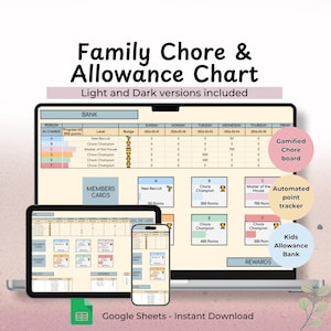Peut inclure: Un tableau numérique familial des tâches et des allocations affiché sur un ordinateur portable, une tablette et un smartphone. Le tableau comprend des sections pour le suivi des tâches, des points et des récompenses. Le texte à l'écran indique "Family Chore & Allowance Chart".