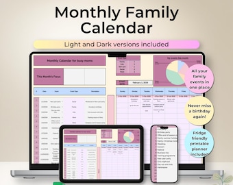 Monthly Family Calendar Template Google Sheets Spreadsheet Household Planner Family Schedule Organizer Digital Download Structured Planning