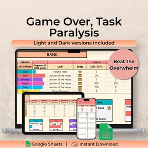 May include: A digital productivity planner displayed on a laptop, tablet, and phone. The planner features a task tracker with a pink and peach color scheme, with the text "Game Over, Task Paralysis" and "Beat the Overwhelm". Includes Google Sheets and instant download.