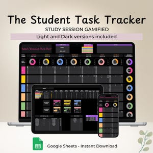Planificador de estudio gamificado Plantilla de Google Sheets Rastreador de tareas estudiantiles TDAH Organización académica Sistema de recompensas Tareas universitarias Sesiones de estudio
