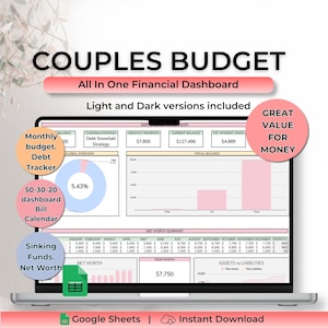 May include: A laptop screen displays a financial dashboard labeled "COUPLES BUDGET." The interface includes sections for monthly budget, debt tracker, and net worth summary. The design features light and dark versions, with a pink circle that says "GREAT VALUE FOR MONEY."