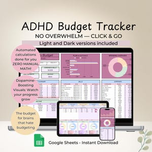 May include: A laptop, tablet, and smartphone display a digital budget tracker with a pink and white color scheme. The text on the screen reads "ADHD Budget Tracker" and "Google Sheets - Instant Download". The image includes charts and graphs for financial planning.