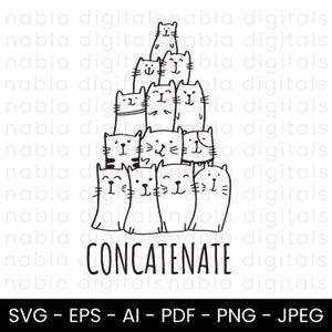 Puede incluir: Ilustración en blanco y negro de una pirámide de gatos de dibujos animados con caras sonrientes. La palabra "CONCATENATE" está escrita en negrita debajo. La imagen incluye opciones de tipo de archivo: SVG, EPS, AI, PDF, PNG y JPEG.