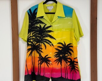 Camisa vintage Diane Gilman de seda con botones y estampado tropical atardecer, talla 2X, color lima con lentejuelas.