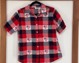 Camisa de algodón a cuadros patriótica con botones, estilo años 90, de la colección Americana Collections Etc., talla M