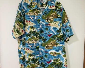 Jammin Shirts Jamaica Scenic Print Button Down Mens XXL Blue Cotton Camp Shirt