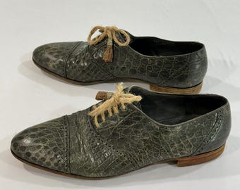 Zapatos Oxford Mauri de piel de cocodrilo para hombre, talla 11, gris verdoso, con borlas y cordones / Lujo italiano