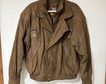 IOU Leather Bomber Jacket Mens L Brown Genuine Leather Quilted Pockets Vintage
