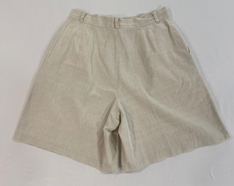 VTG Tribal Plissee Leinen Baumwolle Shorts Damen 12 Oatmeal Hohe Taille | Küstennähe