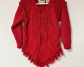 Polly Flinders Sweater Girls S/4 Red Ramie Cotton Cable Knit Fringe Boho Vintage