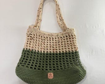 Bolso de mano de ganchillo hecho a mano para mujer, color verde crema, de malla, estilo cottagecore.