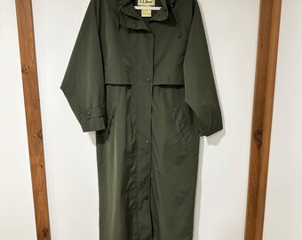 LL Bean Rain Coat Trench Jacket Womens Petite Medium Green Polyester Hooded Long