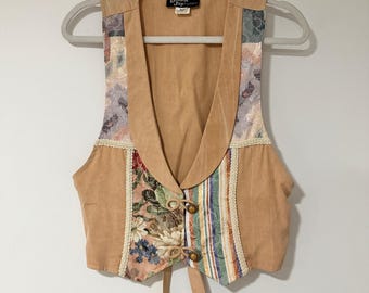 Dawn Joy Fashions Vest Vintage 9-10 Tan Patchwork Floral Tapestry Boho Cropped