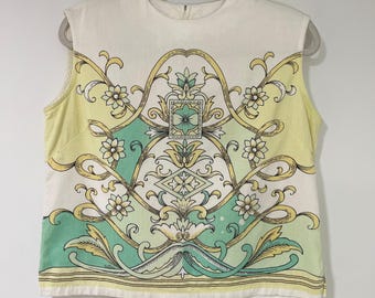 Top Cellini Vintage estampado a mano para mujer, talla 18, blanco, amarillo, floral / estilo retro moderno