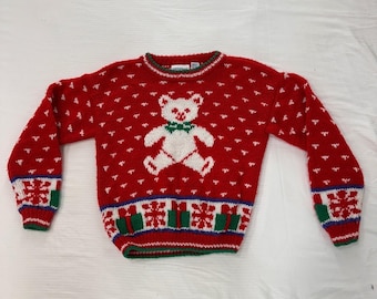 Suéter navideño vintage de osito de peluche Jitterbug para niños, talla L (14), color rojo, tejido festivo.