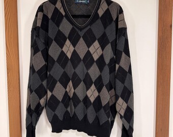 Jersey vintage Carmel Argyle con cuello en V, talla XL, negro y gris, tejido de punto, fabricado en EE. UU., estilo Dark Academia.