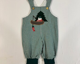 Vintage Gingham Overalls 3-6M Green Cotton Fishing Bear Embroidered USA Made