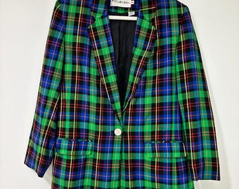 JH Collectibles Blazer Vintage 8 Womens Green Blue Plaid Rayon Single Button 90s