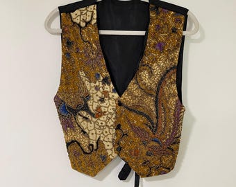 Chaleco Kenar con cuentas, batik, pájaros y estampado floral, talla pequeña para mujer, color dorado, algodón y rayón, arte para vestir.