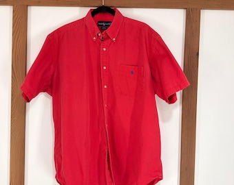 Camisa vintage de algodón roja de manga corta para hombre, talla grande, modelo Blake, de Ralph Lauren.