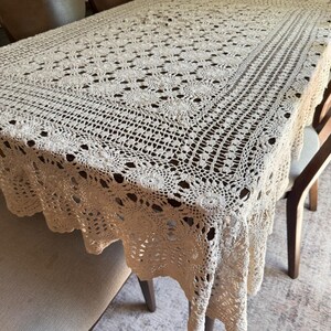 Vintage Handmade Crochet Lace Tablecloth 63x87 Cream Cotton Rectangle Boho Decor