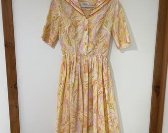 Lois Young Dallas Dress Womens XS Yellow Cotton Abstract Sailor Collar Vintage