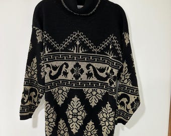 Maglione vintage Rose a collo alto da donna, taglia XL, nero, oro, lurex, lavorazione a maglia intarsiata, USA anni '80