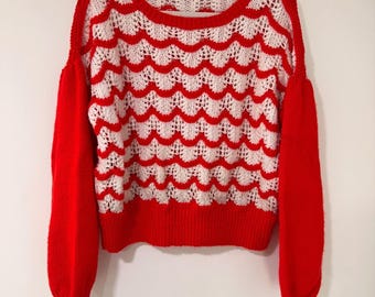 Jersey de punto festoneado hecho a mano para mujer, talla L, rojo y blanco, estilo pointelle/grannycore.