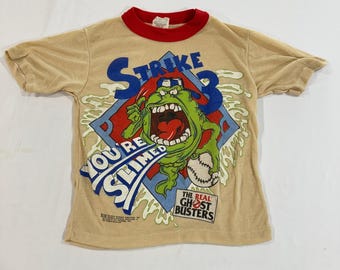 Vintage Cazafantasmas Slimer Camisa Niños 8-10 Tan Ringer 1984 Wormser Béisbol 80s