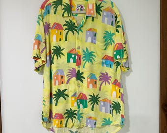 Camisa Jams World vintage grande de rayón amarillo con estampado tropical de palmeras de Hawái