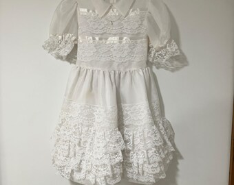 Merry Girl Vintage 1984 Party Dress Girl 7 White Lace Ruffle Tiered Coquette 80s